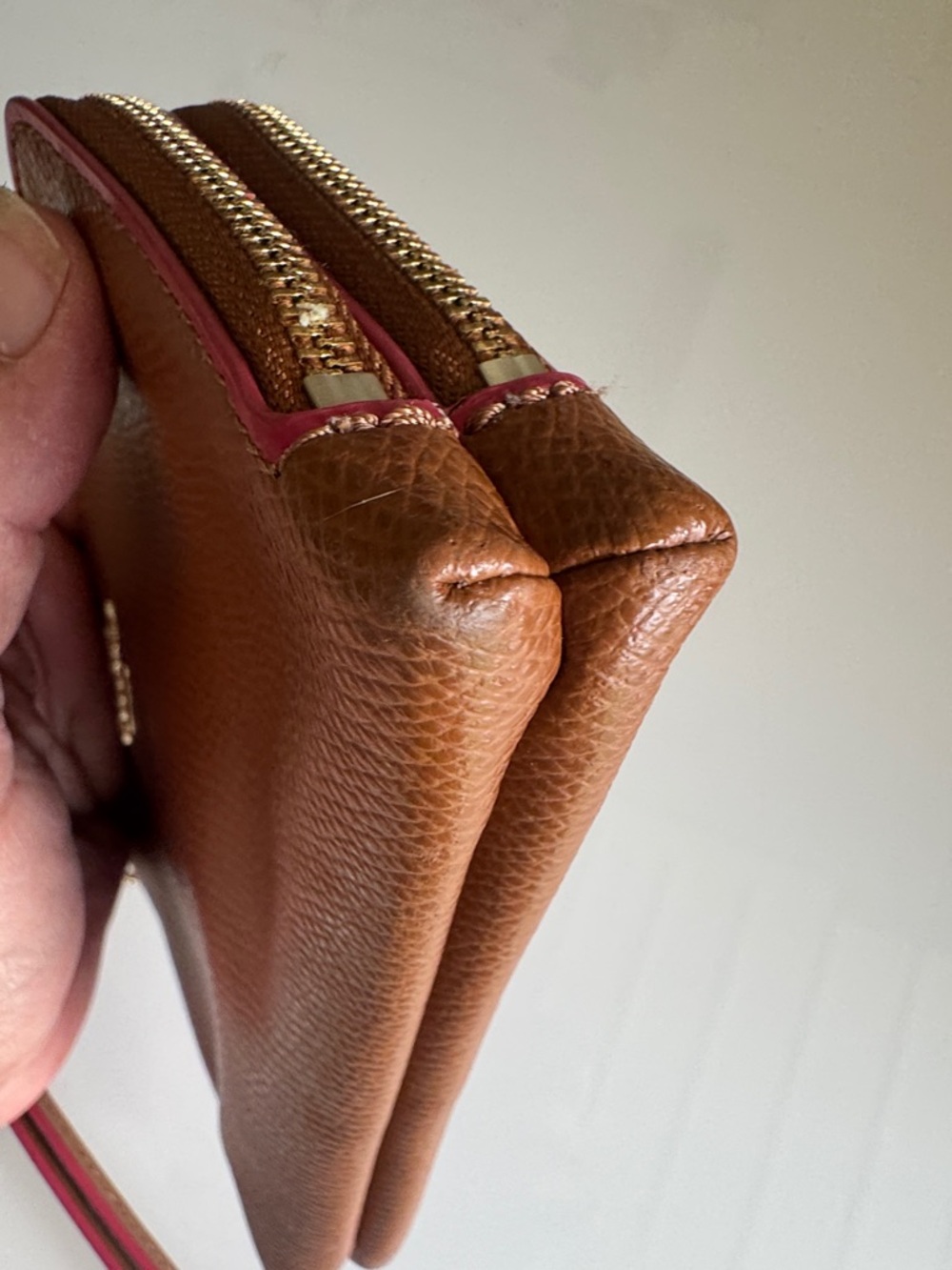 COACH Brown Double Leather Wristlet with Pink Trim - Picture 10 of 11